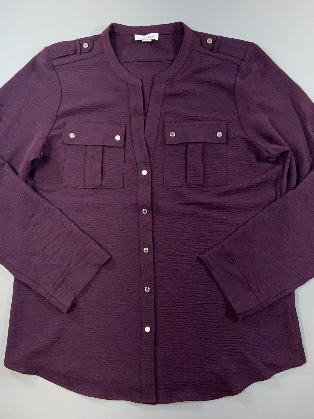 Calvin Klein L Deep Maroon / Plum Purple Button Front Blouse Roll Tab Sleeves